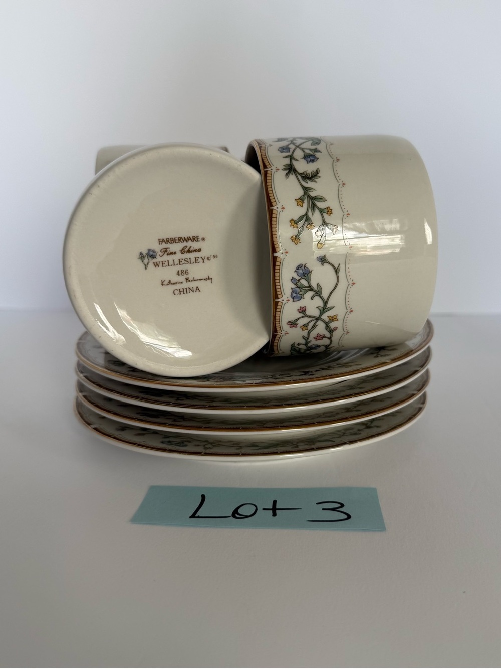 Set of 4 Farberware 1996 Wellesley #486 Fine China Teacups and Saucers 8pcs #3